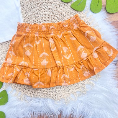  Conj. Regata Três Flores e Short-Saia Floral - Mostarda e Off White